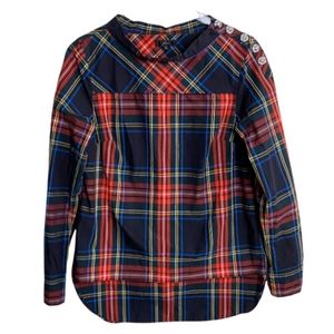 J.crew Tall High/Low  Plaid Red Blue Top with Rhinestones at Shoulder Size 14T